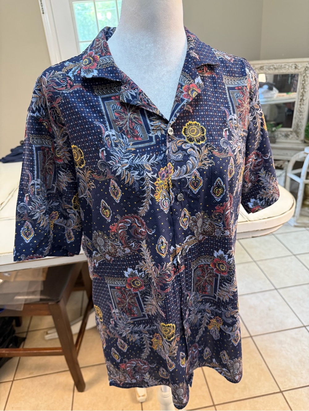 Murano Men’s Large Slim Fit Camp Collar Short Sleeve Paisley Floral Boho Button- - Picture 3 of 12